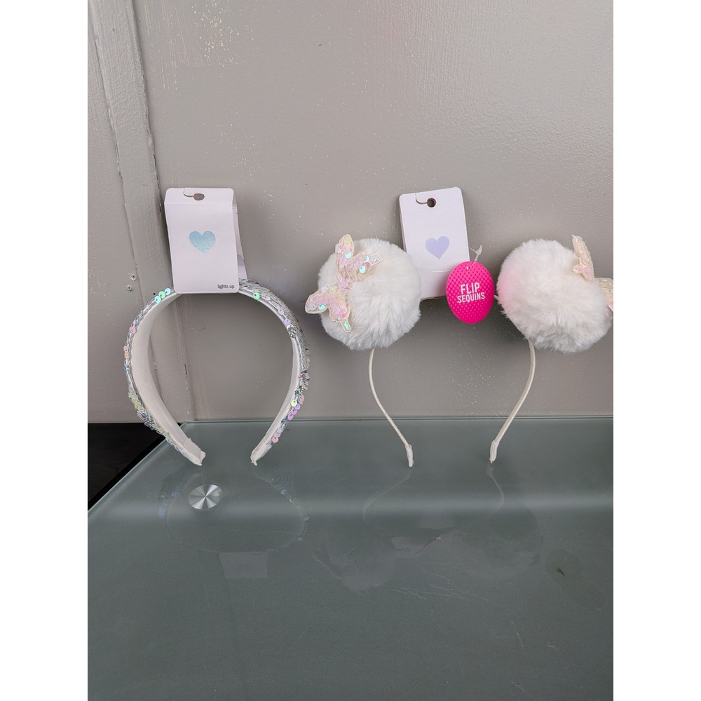 Girls Light Up Sequin Headband & Faux Fur Butterfly Pom Pom Headband Set NWT